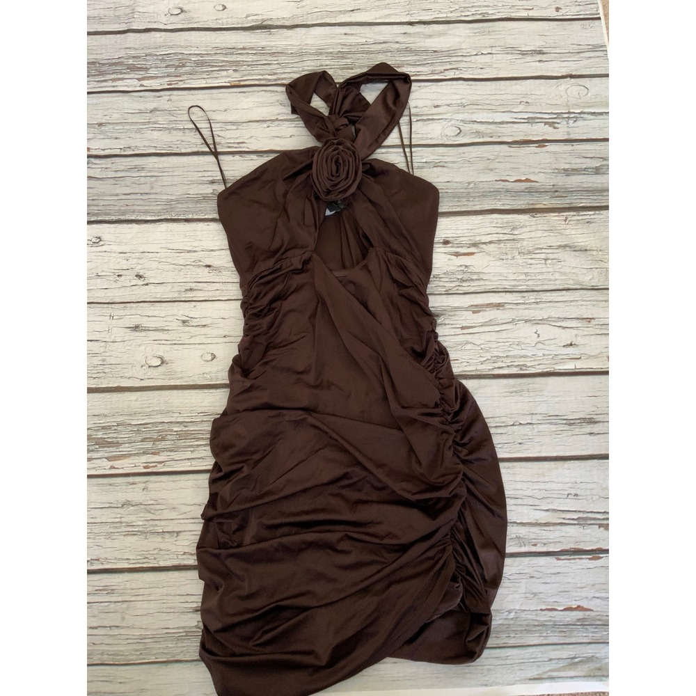 Hallelu Rosie Dress Small Chocolate Brown Rosette Halter Ruched Bodycon Mini NWT